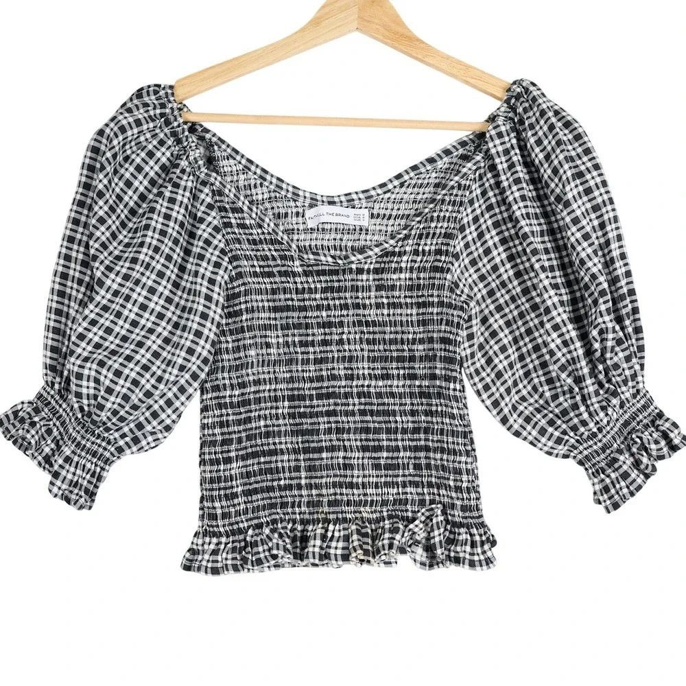 Faithfull The Brand Black White‎ Gingham Linen Smocked Puff Sleeve Blouse S